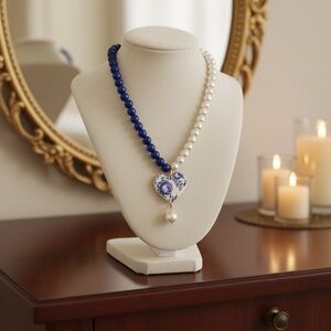 Blue and Pearl Beaded Necklace with Blue and White handmade ceramicHeart Pendant